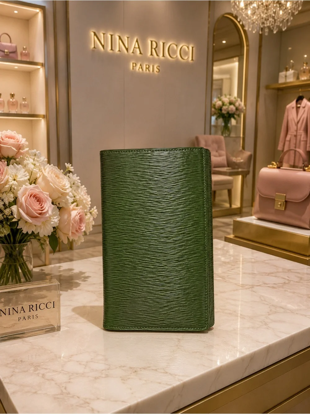 Nina Ricci Dark Green Textured Leather Clutch with Gold Accents